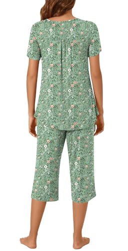 Image of Womens Summer Pajama Sets 2 Piece Short Sleeve Top and Capri Pants Plus Size Ladies Lounge Pjs Sets with Pockets