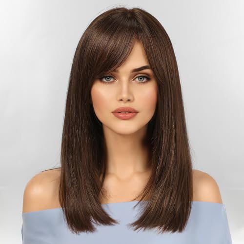 Image of KKU 16 Inch Dark Brown Human Hair Wigs for Women, Straight Human Hair Wig with Bangs,Remy Human Hair Wigs,Daily Wig