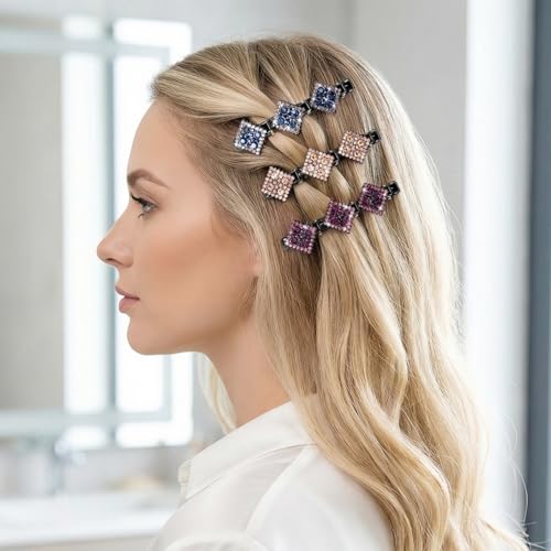 HINZIC 3 Pzs Pinzas trenzadas para cabello para mujer, doble capa con brillantina y cristales, antideslizantes, para uso diario y fiestas - Champagne, Gris y Morado miniatura 6