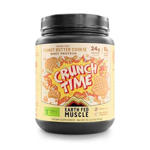 Image of Earth Fed Muscle Crunch Time Grass Fed Whey Protein Isolate - Peanut Butter Cookie, 24g Protein - Clean Ingredients, Easy Digestion, Stevia Sweetened - 2 LB, 28 Servings