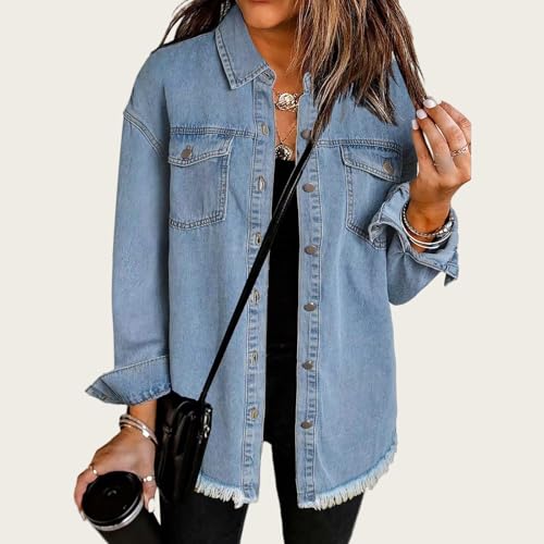 Women's Oversized Denim Jacket Boyfriend Button Down Frayed Hem Shacket Distressed Jean Jackets Fall Outfits2