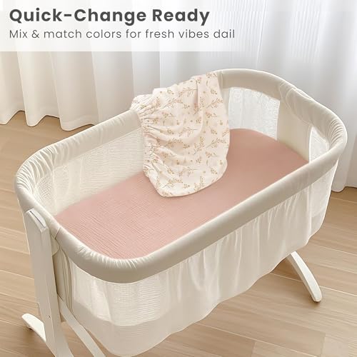 Image of Konssy Muslin Fitted Bassinet Sheets 2 Pack for Baby Girl Boy, Soft Bedside Sleeper Bassinet Sheets Fit for Baby Bassinets, Moses Basket Oval Rectangle Pad /Mattress