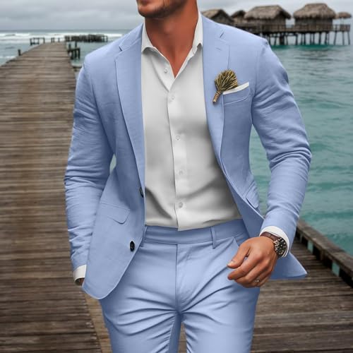 Retro Linen Mens Suit 2 Pieces Slim Fit Light Weight Beach Summer Wedding Tuxedo Set Jacket Blazer Pants for Men2