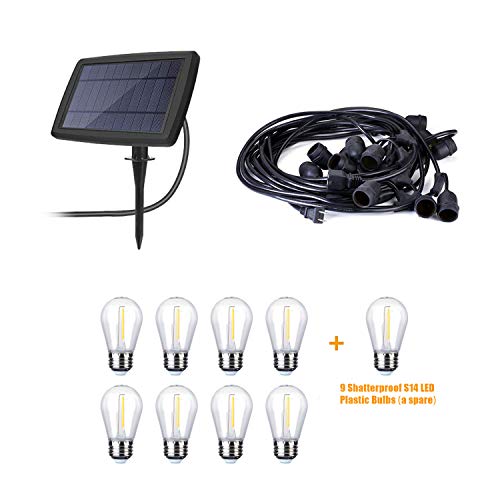 YVETTE LED Solar Outdoor String Lights Waterproof, 24FT LED Patio Lights, 8×E26 Hanging Sockets and 9×1W Vintage Edison Bulbs(A Spare), 2700K Warm White for Wedding Porch Party