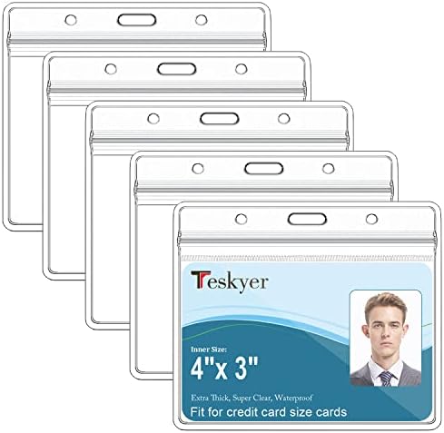 Teskyer 5 Pack Plastic ID Badge Holders, Horizontal Extra Thick Clear Card Holder with Waterproof Resealable Zip, Name Tag Badge Holder for Cruise Ship Cards, Nurses, Office and School
