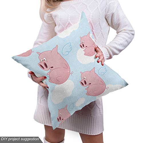 Image of Lunarable Pig Fabric by The Yard, Frightened Cartoon Style Pigs Flying Clouds Across Open Sky Design Pattern, Decorative Fabric for Upholstery and Home Accents, 1 Yard, Blue Cream