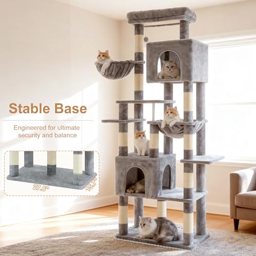 Image of Heybly Cat Tree, 76-Inch Tall Heavy Duty Cat Tower for Big Cats HCT039W | Multi-Level Large Cat Furniture with Extra Wide Baseboard, 2 Condos & 2 Hammocks, 10 Scratching Posts, Light Gray