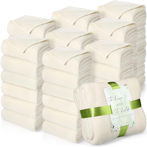 Buryeah 48 Pack Oeko-Tex Certified Wedding Flannel Throw Blanket Bulk 50 x 60 Inch Soft Fleece Lap Blanket with Thank You Cards Ribbon for Guests Sleepover Spa Slumber Gifts (Cream White)