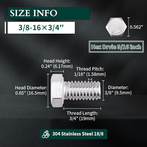 Image of 3 /8-16 x 3 /4 inch Hex Head Bolts Screws, 304 Stainless Steel 18-8, Fully Threaded, Hexagon Head Cap Bolts Screws, Coarse Thread UNC, 20 PCS