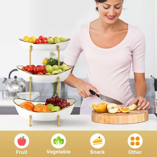 YUNLINLI 3-Tier Ceramic Fruit Bowl, Modern Fruit Basket for Kitchen Countertop, Tiered Fruit Display Stand with Gold Metal Stand, Non-Slip & Chip-Resistant, Dishwasher Safe (Gold&White) - image 5