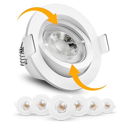 OREiN Spot LED encastrable 4.5W 450LM 3000K encastré de plafond extra plat etanche IP23 Lampe de Plafond 65° rotatif 9 niveaux orientable Lumière blanche chaude pour le salon Salle couloir, Lot de 6
