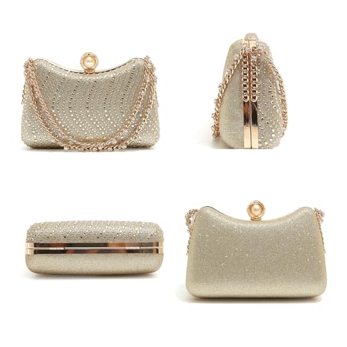 Image of Women's Clutch Crystal Rhinestone Purse With Chain Pearl Clasp Evening Wedding Diamond Handbag