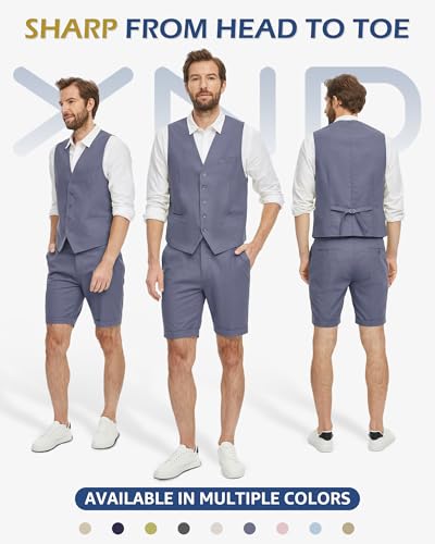 YND 2-Piece Men’s Linen Waistcoat Shorts, Lightweight Vest Pants, Casual Wedding Beach Summer Prom Homecoming Outfit2
