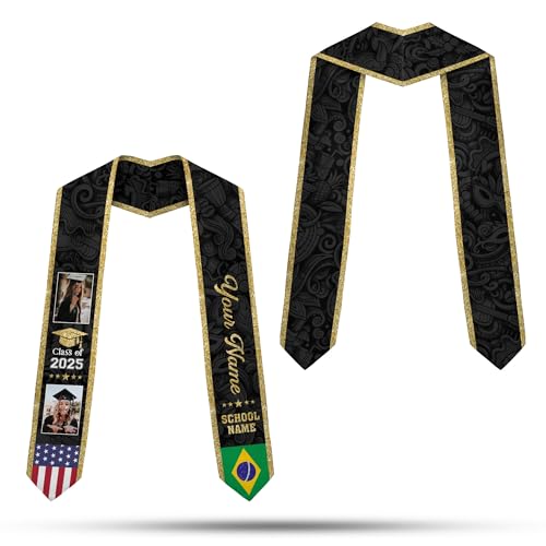 MonkeyVan Personalized Brazil Graduation Stole, Brazilian Graduation Sash, Brazil Flag Graduation Stole, Class of 2025 Bz10