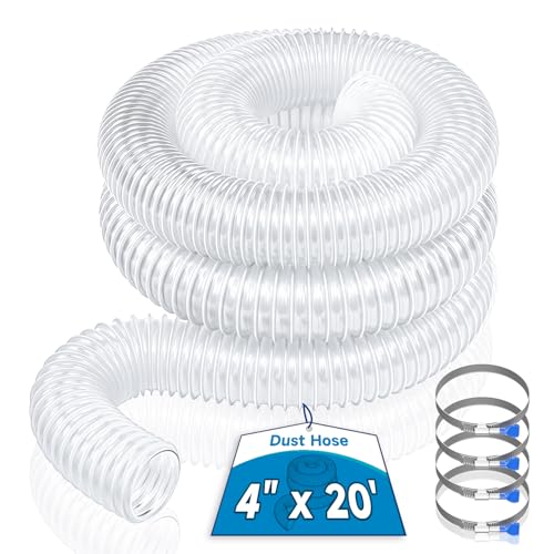 Hon&Guan 4 x 20 Dust Collection Hose 4 Inch Flexible Clear PVC Dust Collector Hose with Carbon Steel Wire for Woodworking Dust Collecting System Includes 4 Hose Clamps