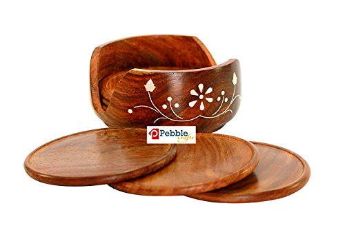 Image of Wooden Round Drink Coasters Set of 6 with Decorative Holder | Tabletop Coasters for Tea Coffee Cups Mugs Beer Cans Bar Glass for Office Home