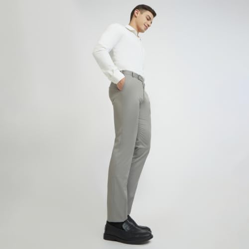 Image of Raymond Men Mid Rise Slim Fit Solid Pattern Poly Viscose Blend Flat Front Formal Trouser