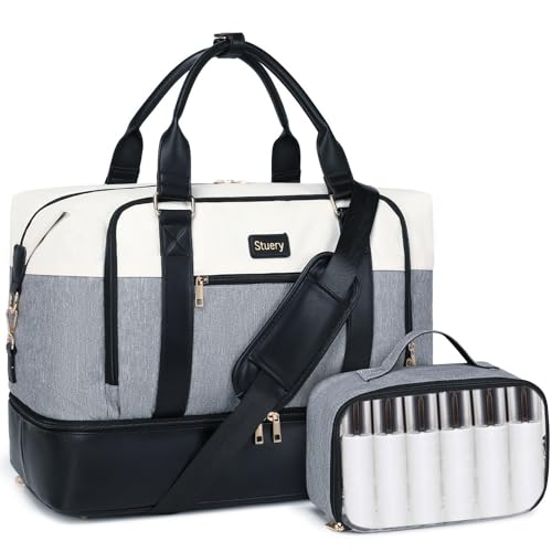Image of Stuery Weekender Bags, Large Travel Duffel Bag for Women with Toiletry Bag, Overnight Carry on Bag with Shoe Compartment, Hospital Bags, Mom Hospital Bags for Labor and Delivery, Beige-Grey-Black