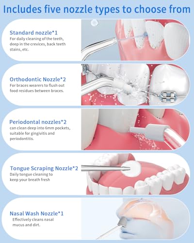Munddusche Kabellos, Elektrischer Zahnreiniger, 4 Modi 9 Düsen USB-C Wiederaufladbare Wasser Flosser IPX7 Wasserdicht, 300ML Wassertank Mund Reiniger, Munddusche Testsieger für Reinigung auf Reisen – Bild 6