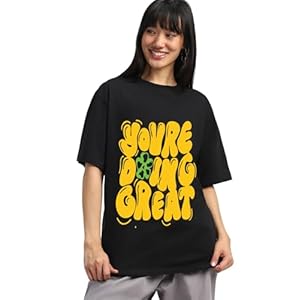 JUNEBERRY® Pure Cotton Drop Shoulder Oversized Baggy Fit Cool You are Doing Great Graphic Printed Blue & Black Half Sleeve T-Shirt for Women & Girls (Sizes: S to 2XL)