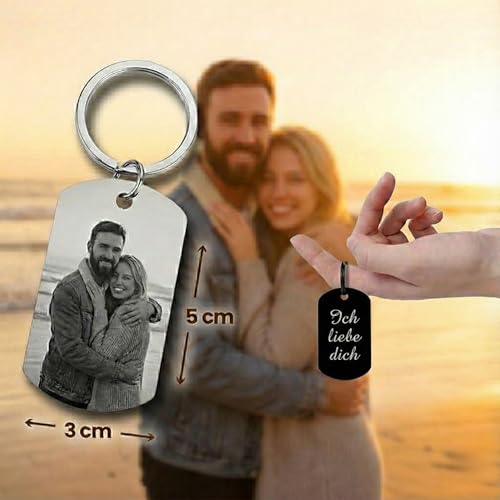 WORKIRAN Personalisierter Schlüsselanhänger mit Fotogravur und Liebestext, Schwarz-Weiß Dog Tag Anhänger, Individuelles Paar-Geschenk mit Beidseitigem Druck