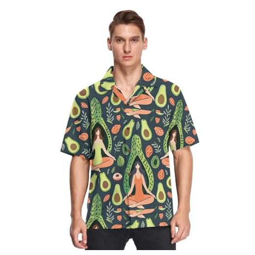Camisa havaiana masculina fashion acampamento praia tops colarinho botão camisa casual manga curta solta camisa, Funny Avocado Yoga-1, G