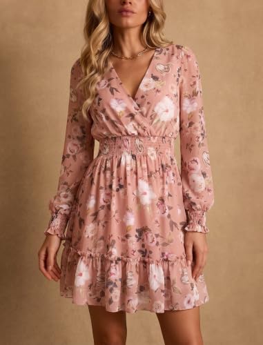 Image of Prettywear Women's Chiffon Long Sleeve Wrap Neck Wedding Guest Mini Dress