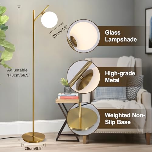 Image of Mid Century Floor Lamp for Living Room Modern Tall Standing Lamp with Frosted Glass Globe Shades Contemporary Brass Freestanding Lamp for Office Bedroom (Gold)
