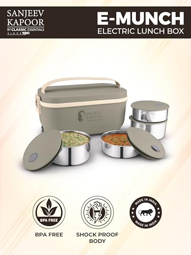 Image of CLASSIC ESSENTIALS Sanjeev Kapoor Electric Lunch Box Set of 4 (2x300ml, 2x400ml) | Plug & Heat Food Warmer | Heats in 35-40 Min | Retains Nutrients & Freshness | Portable, Durable & Shock-Proof