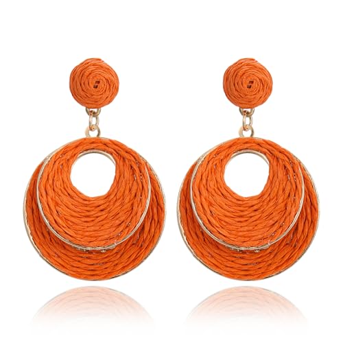 Handmade Raffia Hoop Earrings for Women - Lightweight Boho Dangle Jewelry, Summer Beach Vacation Accessories, Round Oval Straw Wrap Design