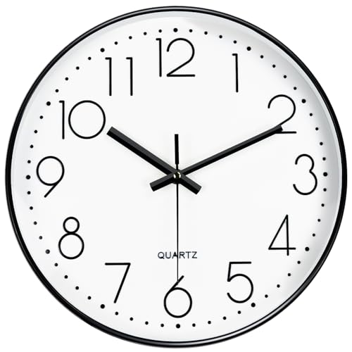 Image of Modern Silent Wall Clock - 12 Inch Wall Clocks Battery Operated Large Number, Non-Ticking Analog Clock with Tempered Glass Quartz Clocks for Living Room Bedroom Office Kitchen, White Black