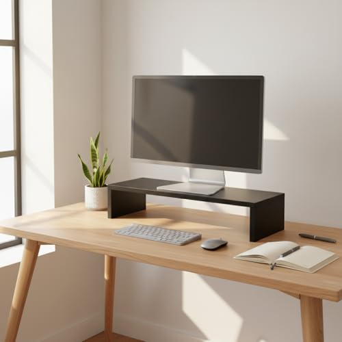 Image of flux Monitor Stand Wooden | Monitor Stand Riser | PC Stand For Desktop Table | Heavy Hold, Non Slip, Material: Particle Board Wooden Black