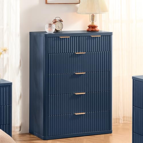 Image of LEYAOYAO Fluted 6 Drawers Dresser for Bedroom Set of 2, 42 inch Tall Modern Chest of Drawers with Metal Handle, Curved Profile Design,Wood Drawer Organizer for Bedroom, Living Room, Hallway,Blue