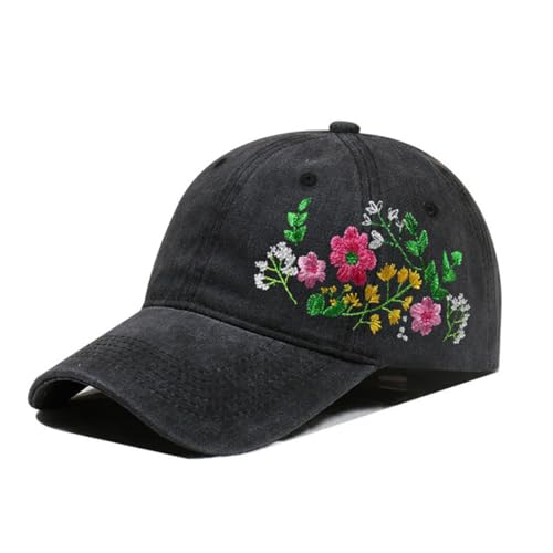 Image of Embroidered Floral Baseball Cap for Women, Adjustable Washed Cotton Hat, Casual Summer Cap for Outdoor Travel and Everyday Wear, 58-62cm (Black)