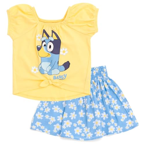 Bluey Little Girls Square Neck T-Shirt and Skirt Yellow/Blue Daisies 6