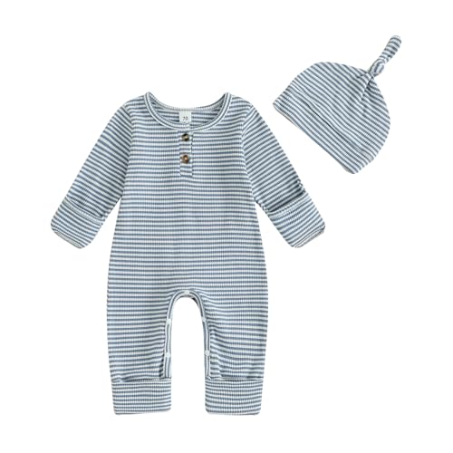 pengnight Newborn Baby Boys Girls Clothes Long Sleeve Ribbed Knit Striped Romper Bodysuit Jumpsuit Hat Coming Home Outfit
