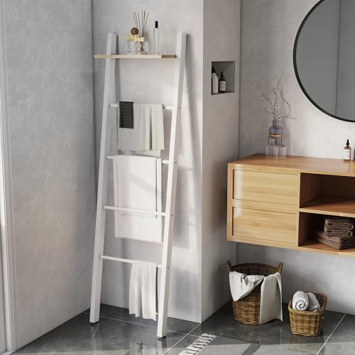 Miniatura 6 de Homcom Toallero Escalera Con Estante Superior Y 4 Barras, Toallero De Baño Para Apoyar En Pared, Estantería De Escalera Inclinada, Para Dormitorio, Salón, 43x20x151 Cm, Blanco Y Roble