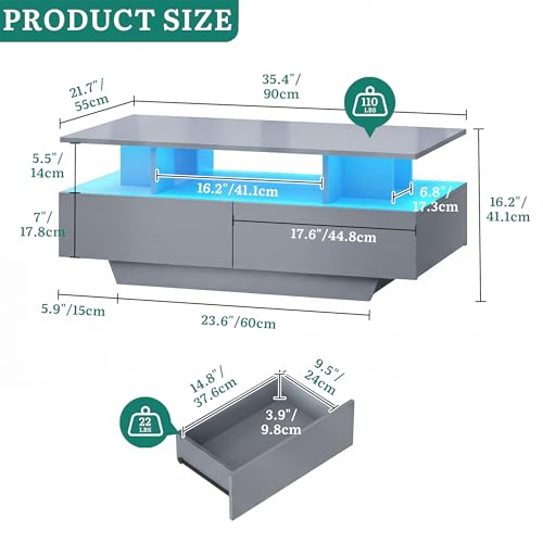 YITAHOME Couchtisch Grau, Wohnzimmertisch Hochglanz mit 16-Farbiger LED Beleuchtung Modern, Beistelltisch Weiss mit Offenem Ausstellungsregal und 4 Ausziehbaren Schubladen 90x55x41,1 cm