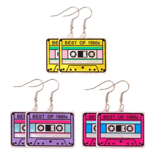 KEQAR 3 Pares Pendientes Retro Cinta de Casete, Neon de los Años