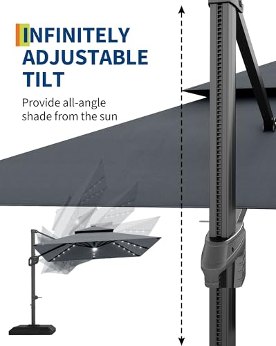 10' x 10' Heavy Duty Cantilever Patio Umbrella with Solar LED Lights & Weighted Base, 2-Tier Square Aluminum Offset Umbrella with 360-Degree Rotation for Backyard, Deck, Pool, Gray