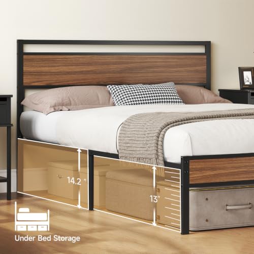 Image of 14 Inch Queen Size Metal Platform Bed Frame with Wood Headboard&Footboard | Easy Assembly Structure, Spacious Underbed Storage, No Noise Design, No Box Spring Required, Camas Queen, Walnut