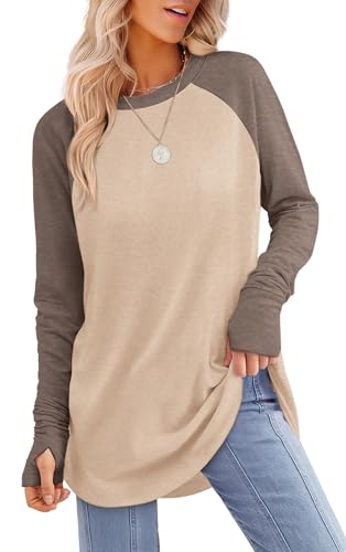 Image of XIEERDUO Womens Tunic Tops to Wear with Leggings Long Sleeve Thumb Hole Shirts Crew Neck Curved Hem