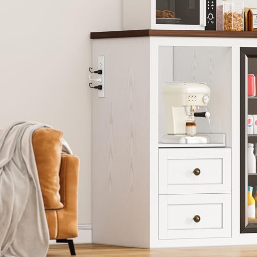 Image of 47.2 inch Coffee Bar Cabinet with Fridge Space, Farmhouse Mini Fridge Cabinet with Power Outlets and Storage Drawers, Wine Bar Cabinet with Sliding Shelf for Kitchen Dining Room, White