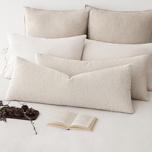 Image of Foindtower Decorative Textured Boucle Throw Pillow Covers Accent Solid Pillow Cases Neutral Long Body Lumbar Couch Cushion Case for Chair Sofa Bedroom Living Room Home Decor 14x36 Inch,1PC,Light Beige