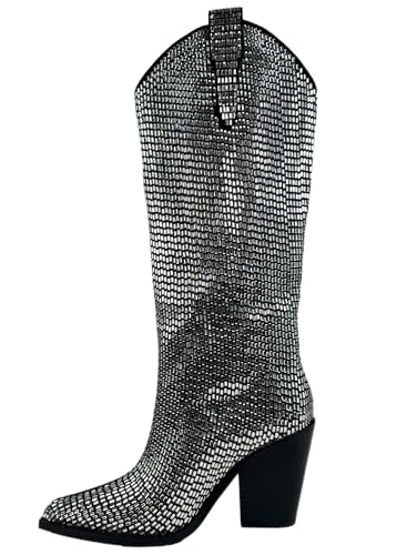 ARIDER GIRL Straddle Women's Crystal Rhinestone Embellished Knee High Leather Stacked Heel Pointed Toe Western Fashion Boots2