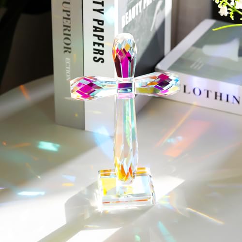 Image of YWHL Iridescent Crystal Standing Cross Decor, Handmade Glass Holy Cross