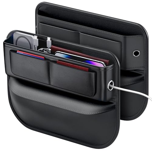 SOEKAVIA Car Seat Gap Filler Organizer, 2 Pack Premium Leather Car Center Console Organizer with Card Slots for Phones, Glasses, Keys, Cards, Universal Fit Car Accessories for Women/Men Interior