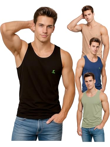 Image of COSCO HUEMAN Men's 100% Cotton Sleeveless Round Neck Regular Fit Multi Colour Vest | Baniyan for Men | Vest for Men Combo Pack of 4