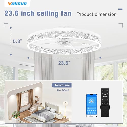 Image of VOLISUN Fandelier Ceiling Fans with Light, 23.6in Low Profile Ceiling Fan with Light and Remote, 3000K-6500K Dimmable Bladeless Ceiling Fan Flush Mount, White Modern Ceiling Fan with Light for Bedroom