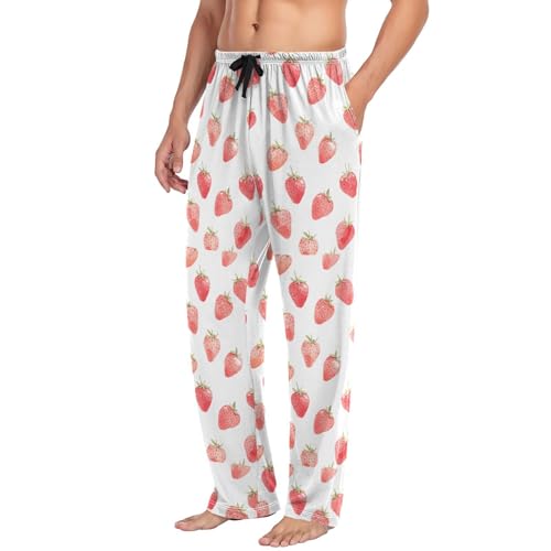 Men’s Cute Watercolor Strawberry Pajama Pants with Pockets, Comfortable Lounge Sleep Bottoms#3204